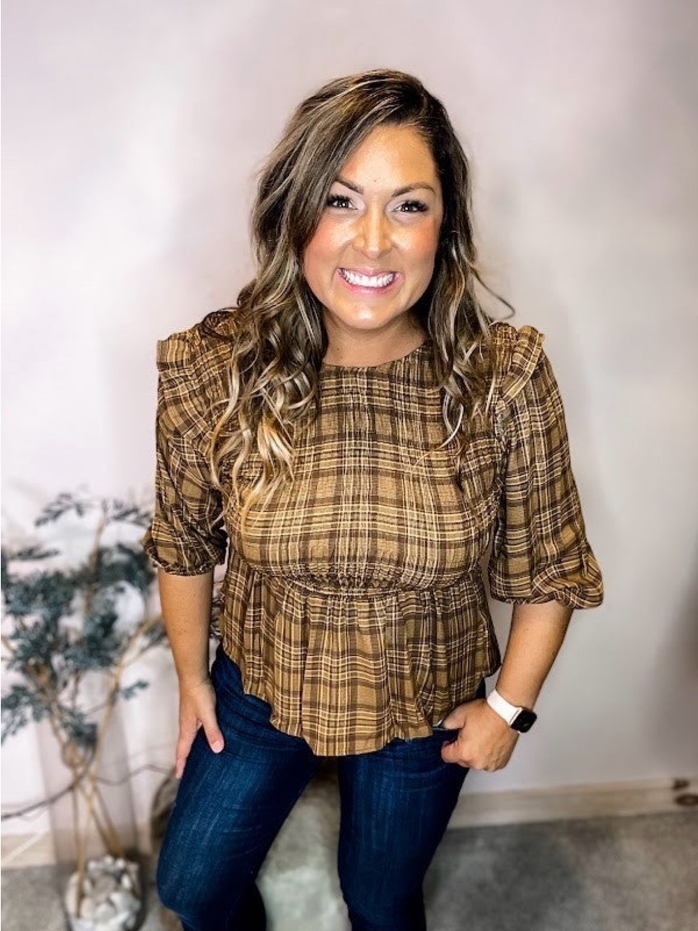 Blu Pepper Brown Plaid Peplum Top
